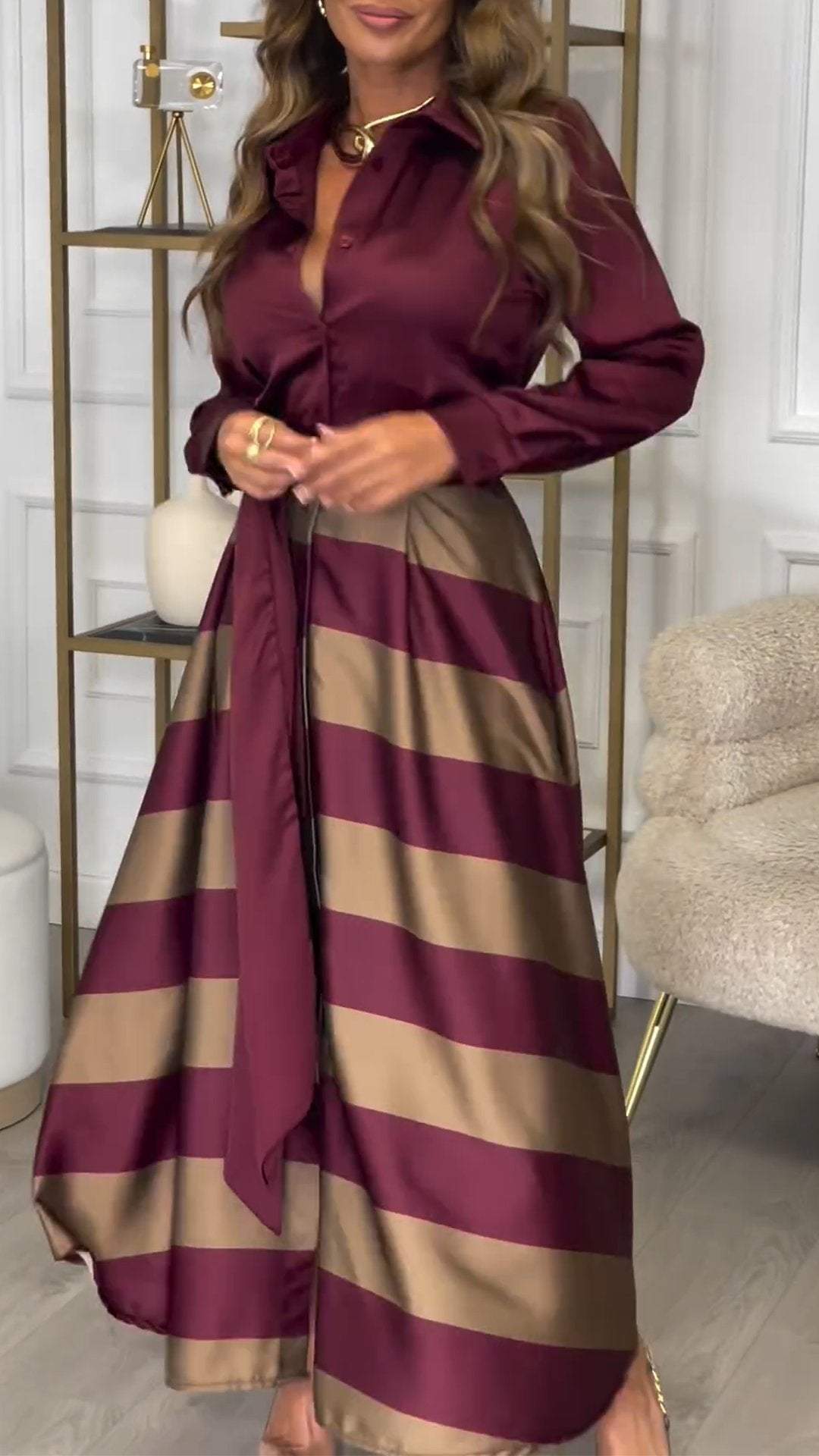 Collared Long Sleeve Striped Satin Two Piece Set 3