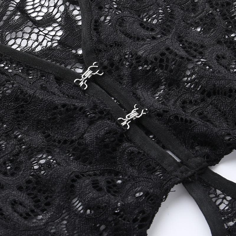 Lace gloves long sleeve button hollow out midi dress 6