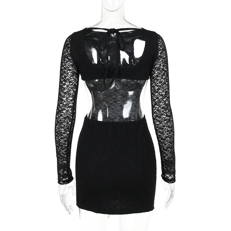 Lace solid long sleeve backless hollow out self tie mini dress 3