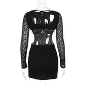 Lace solid long sleeve backless hollow out self tie mini dress 3