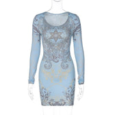 Beaded long sleeve u neck abstract contrast mini dress 3