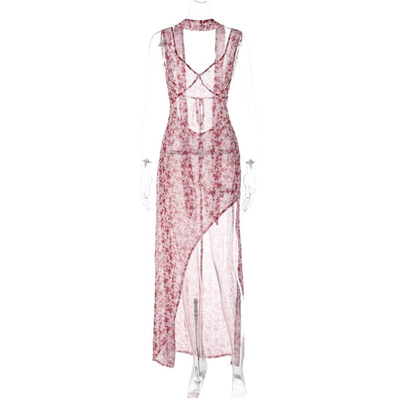 Chiffon flower print contrast backless v neck sleeveless maxi dress 9