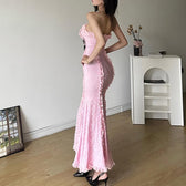 Lace contrast bowknot zip-up ruffle backless tube maxi dress 4