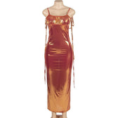 Metallic ruched backless self tie square neck maxi dress 3
