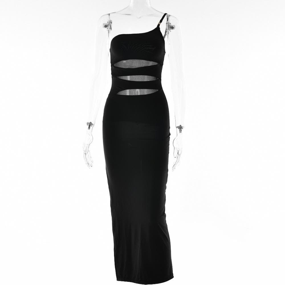 One Shoulder Mesh Cut Out Sleeveless Bodycon Maxi Dress