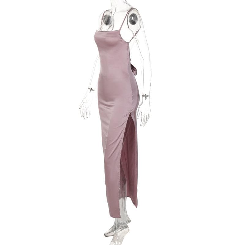 Satin Straight Neck Spaghetti Strap Open Back High Split Midi Dress 3