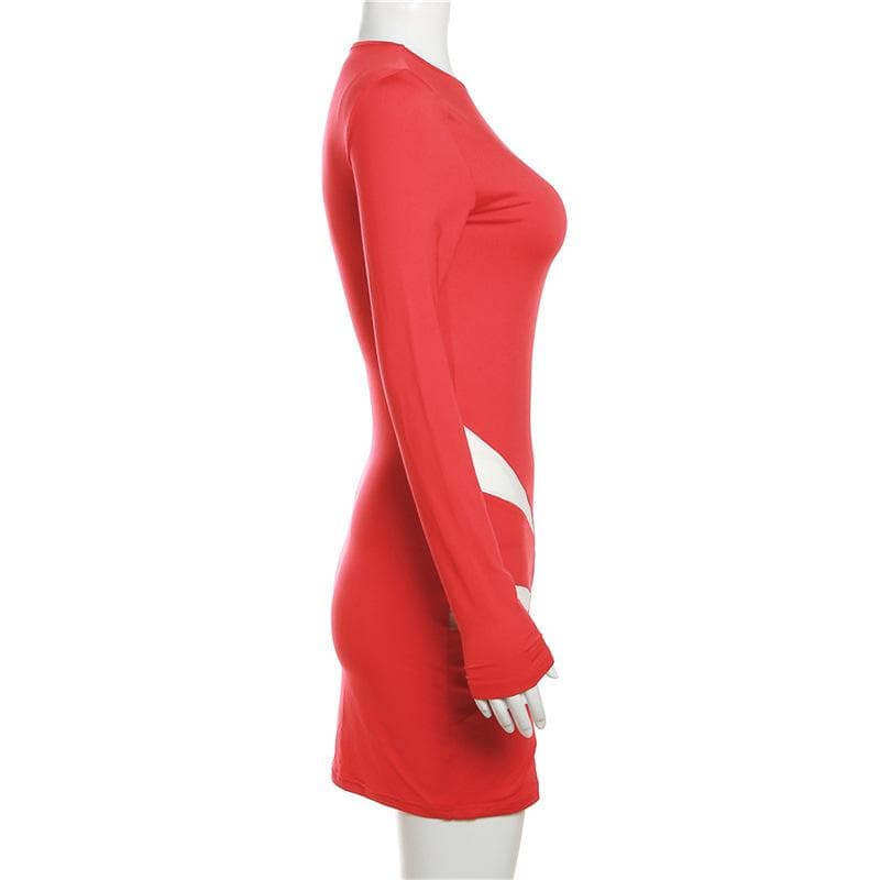 Mesh long sleeve crewneck patchwork contrast mini dress 7