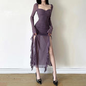 Mesh ruffle solid long sleeve ruched self tie slit maxi dress 2