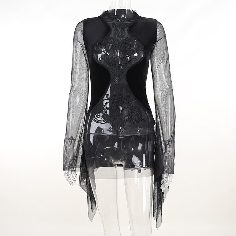 Mesh crewneck long sleeve see through embroidery mini dress 3
