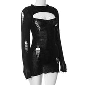 Crochet hollow out solid long sleeve mini dress 3