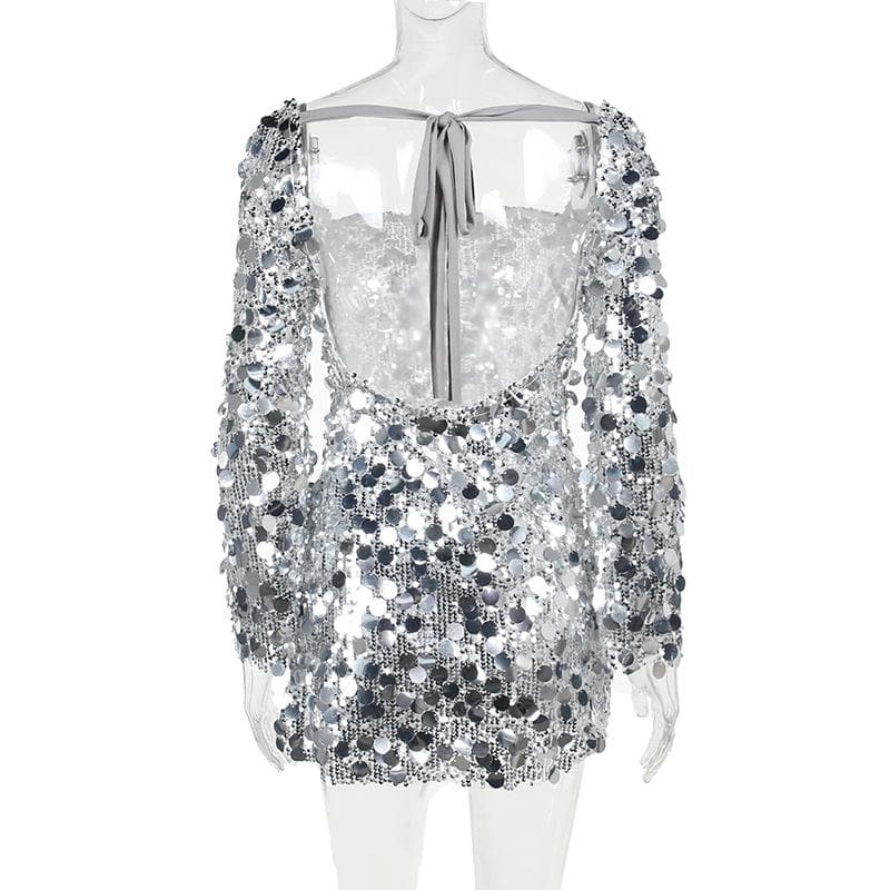 Glitter self tie long sleeve slit backless mini dress 4