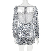 Glitter self tie long sleeve slit backless mini dress 4