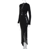 Long sleeve solid hollow out slit self tie lace up midi dress 4