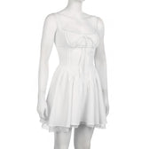 Zip-up lace hem ruched square neck backless solid mini dress 3