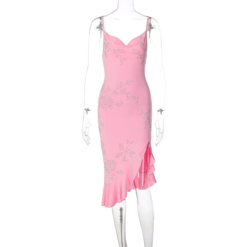 Beaded ruffle slit cowl neck backless irregular cami mini dress 9