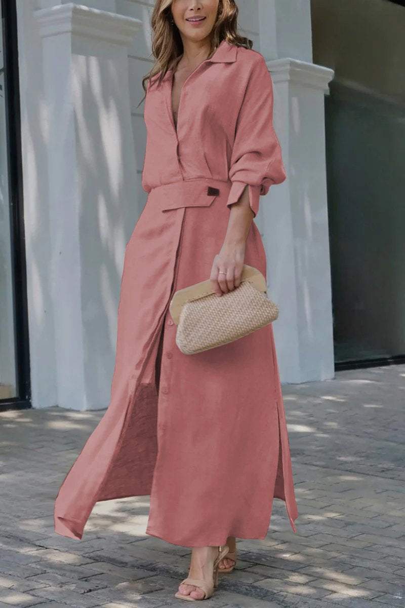 Collared Button Front Belted Long Sleeve Maxi Shirt Dress