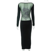 Patchwork mesh long sleeve contrast v neck midi dress 2