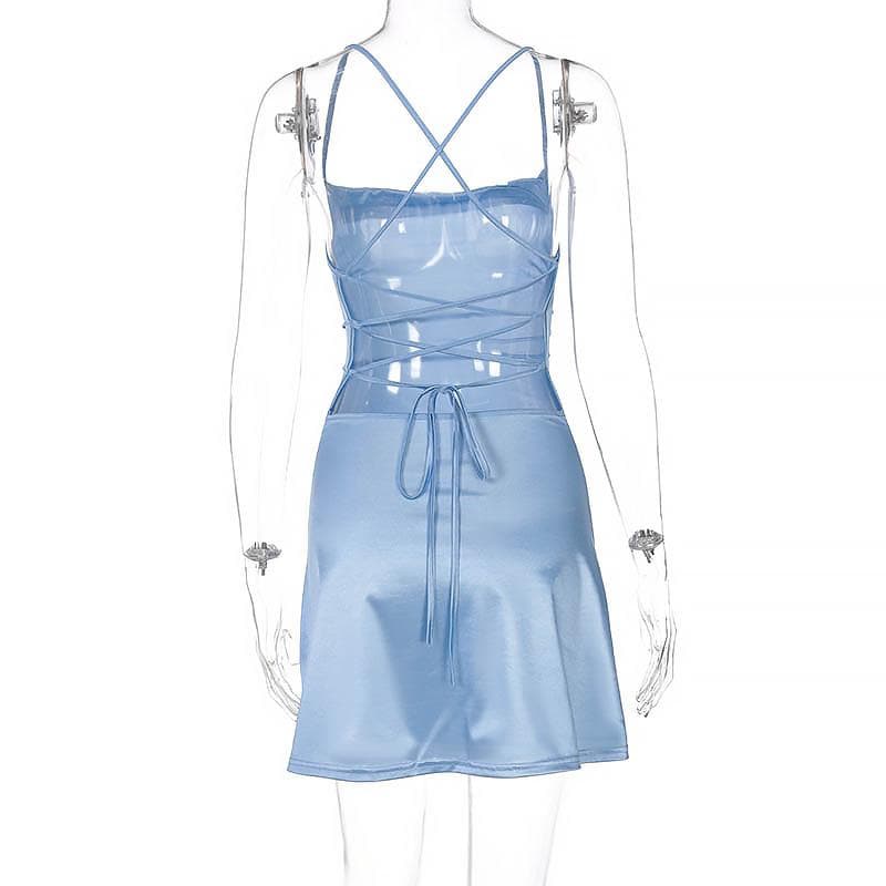 Cross back solid satin cowl neck lace up self tie backless mini dress 4