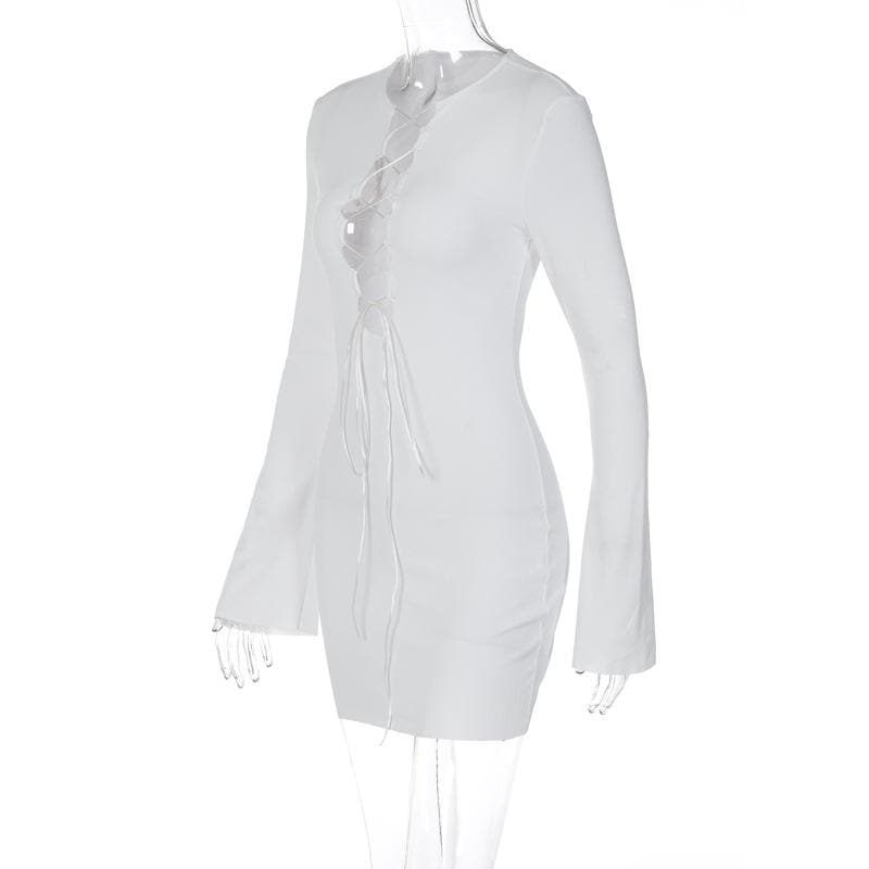 Lace up solid long sleeve ribbed self tie mini dress 5