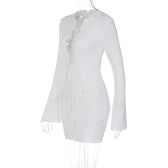 Lace up solid long sleeve ribbed self tie mini dress 5