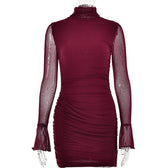 Mesh solid long sleeve turtle neck ruched zip-up mini dress 2