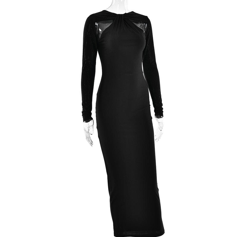 Long sleeve beaded zip-up hollow out patchwork maxi dress 5