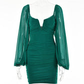 Mesh solid long sleeve ruched notch neck zip-up mini dress 14