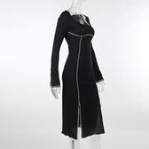 Beaded square neck slit long sleeve midi dress 3