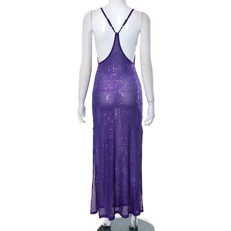 Glitter u neck see through backless cami maxi dress 5