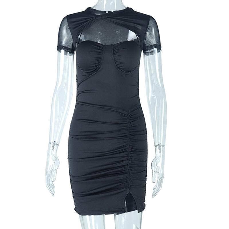 Ruched mesh solid hollow out short sleeve mini dress 9