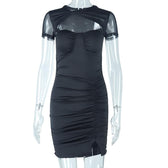 Ruched mesh solid hollow out short sleeve mini dress 9