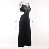 Beaded butterfly pattern zip-up hollow out satin slit midi dress - View 3