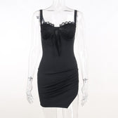 Ruched solid sleeveless lace slit self tie backless mini dress 3