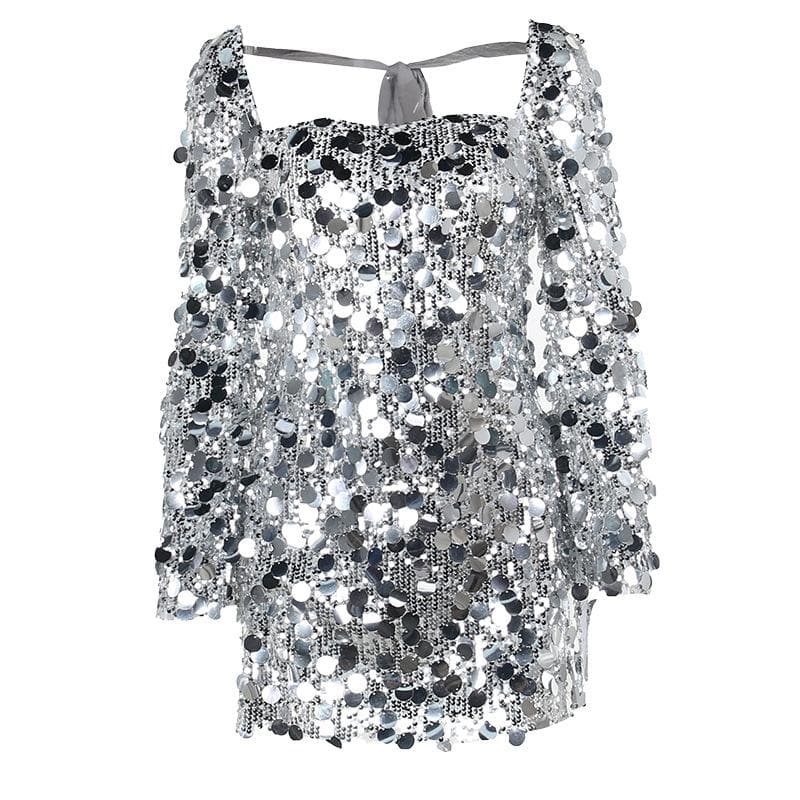 Disc Sequin Square Neck Long Sleeve Tie Back Mini Dress