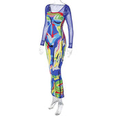 Long sleeve contrast abstract mesh midi dress 4