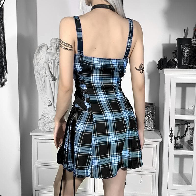 Plaid zip-up contrast sleeveless lace up backless mini dress 6