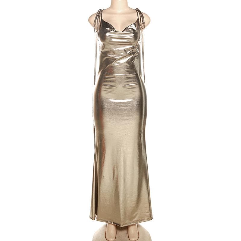 Metallic cowl neck cross back self tie ruched maxi dress 2