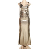 Metallic cowl neck cross back self tie ruched maxi dress 2