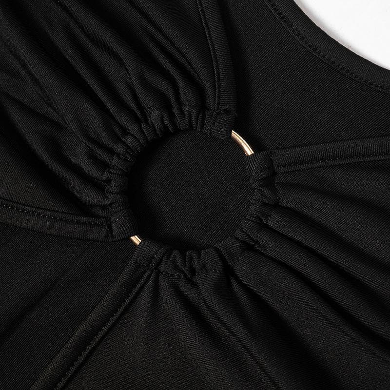 Long flared sleeve irregular solid ruffle o ring hollow out mini dress