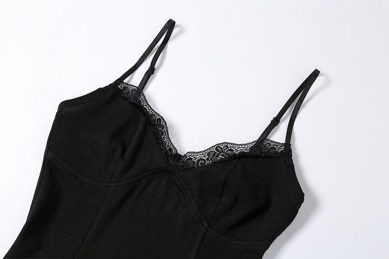 Lace hem solid v neck backless cami mini dress 5
