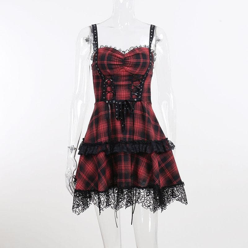 Zip-up lace hem lace up plaid backless mini dress 2