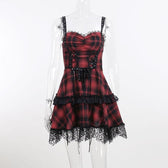 Zip-up lace hem lace up plaid backless mini dress 2