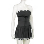 Ribbed lace hem contrast ruched backless tube mini dress 3