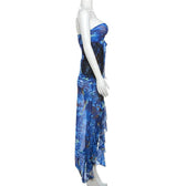 Mesh see through hollow out o ring contrast print ruffle maxi dress 3