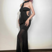Mesh ruffle hollow out ruched backless ribbon solid tube midi dress 3