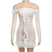 Lace see through off shoulder ruffle long sleeve solid mini dress 8