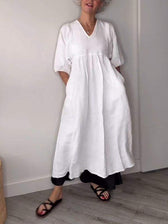 Linen V-Neck Puff Sleeve Pocket Midi Dress 2