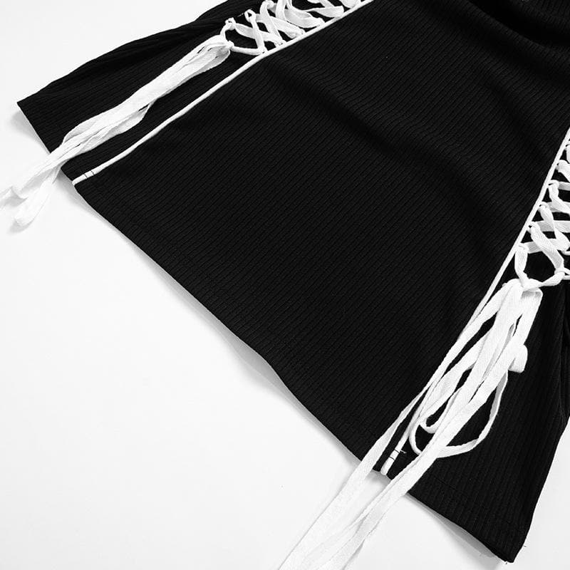Crewneck long sleeve zip-up lace up contrast mini dress 4