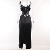 Beaded butterfly pattern zip-up hollow out satin slit midi dress - View 4