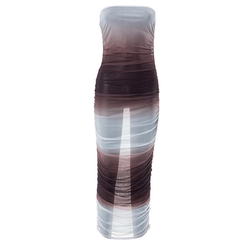 Gradient sheer mesh see through ruched tube maxi dress 2